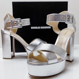 Nicholas Kirkwood Elements 120mm Silver Metallic Leather Platform Sandals 41 10